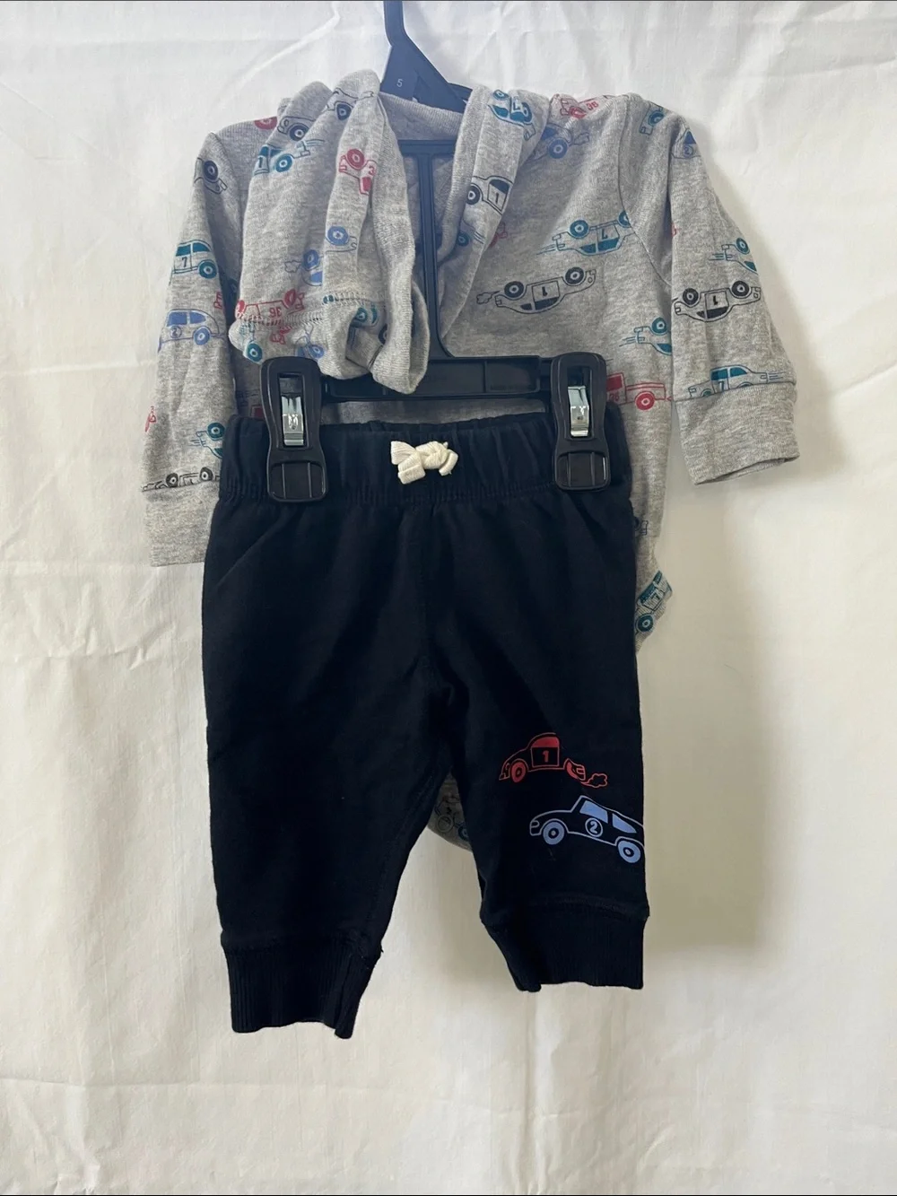 Carter's Heather Gray Car Print Hooded Bodysuit with black Pants